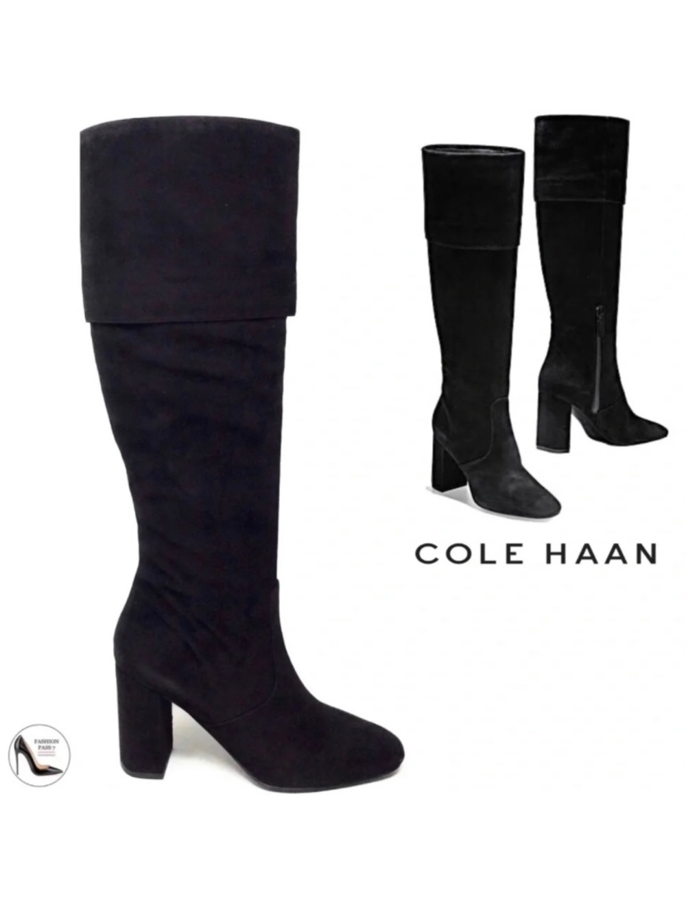 COLE HAAN BLACK SUEDE TESS CUFF KNEE HIGH BOOTS BLOCK HEEL LEATHER BOOTS 6